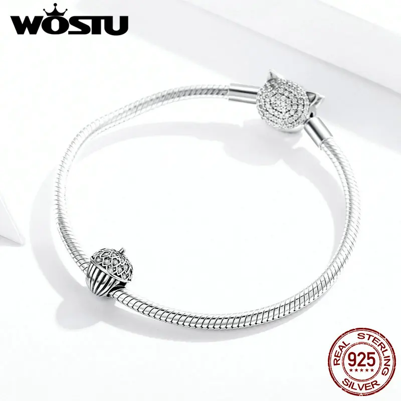 WOSTU сосна конус очарование стерлингового серебра 925 Циркон Lucky Bead Fit оригинальный