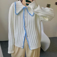 white and blue striped cute loose casual knit sweater women square collar single breasted cardigan autumn leisure warm sweater