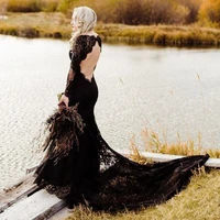 black lace wedding dresses mermaid long sleeve hollow backless vintage gothic bridal gowns long trail vestidos de noiva