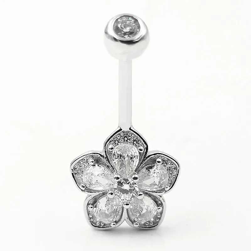 

1PCS 925 Sterling Silver Belly Bars Ring flower Belly Buttton Ring CZ Navel Piercings Body Jewelry For Women