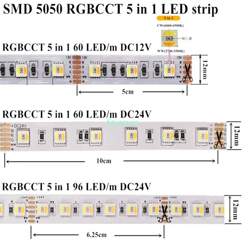 1 шт. SMD5050 60 96 Светодиодный одов/м 5 м RGBCCT в 12 В постоянного тока 24 Светодиодная