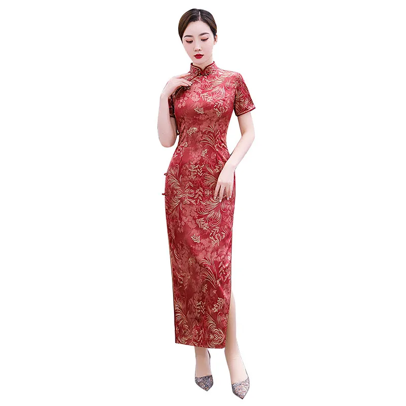 

Chinese Traditional Vintage Button Satin Qipao Classic Mandarin Collar Women Cheongsam Sexy Slim Long Dress Big Size Vestidos