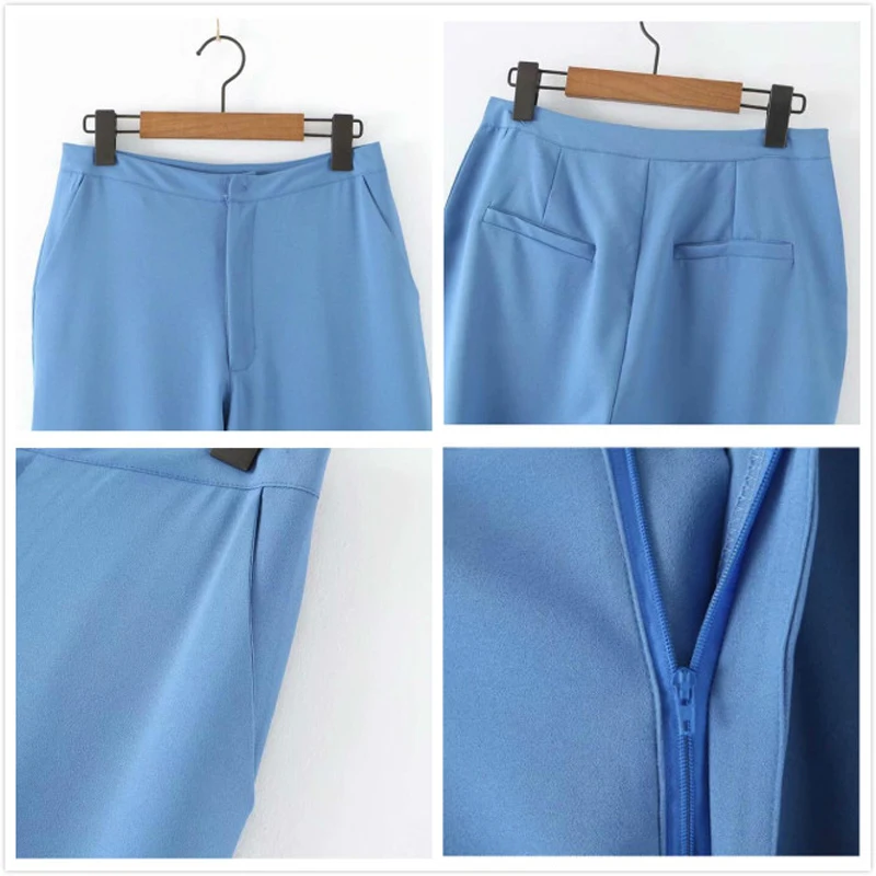 Женский офисный костюм из двух предметов синий пиджак с V образным вырезом и