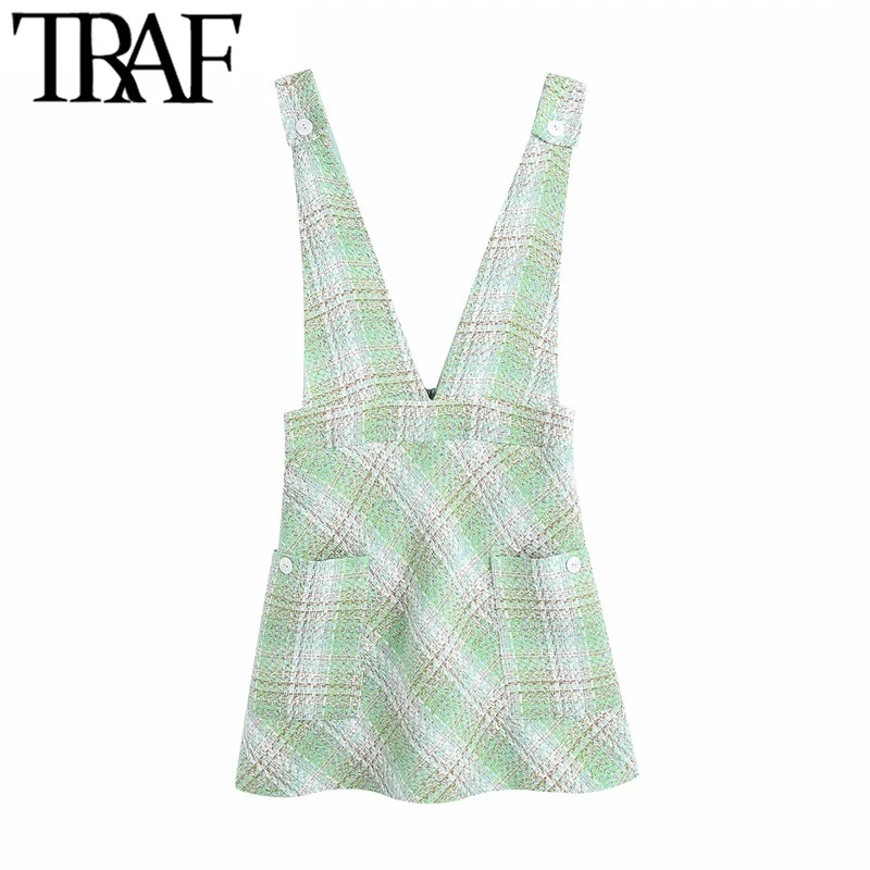 

TRAF Women Fashion With Pockets Check Tweed Pinafore Dress Vintage Back Zipper Wide Buttons Straps Female Dresses Mujer