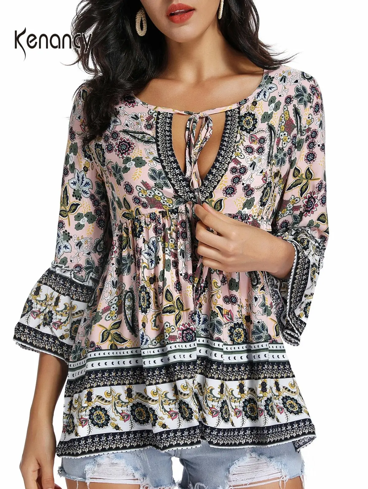 Женские блузки с цветочным принтом Kenancy летние круглым вырезом и рукавами