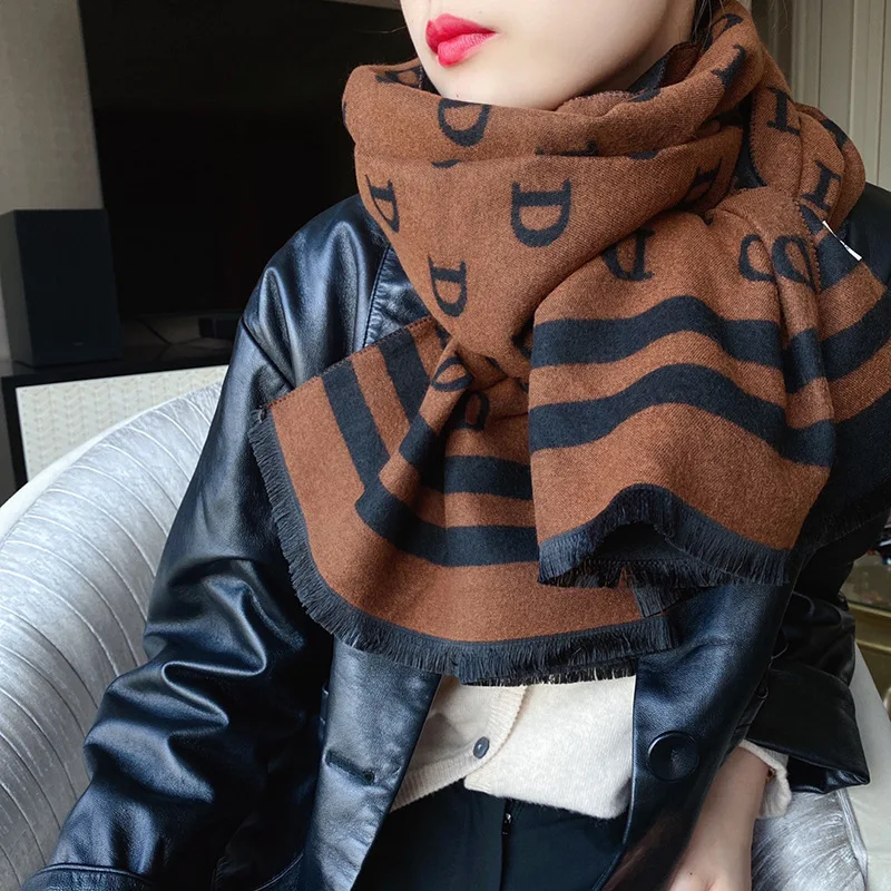 

2021 дизайнерский зимний новый искусственный кашемировый шарф, женские теплые классические черные и серые буквы