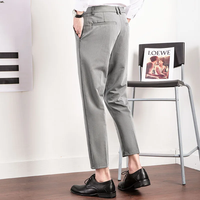 

Новинка 2021, Брендовые мужские однотонные повседневные брюки, мужские деловые модные прямые укороченные брюки средней длины