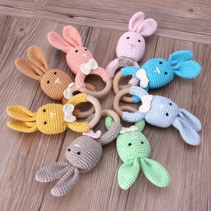 BPA Free Crochet Wooden Ring Baby Teether Safe Cute Animal Rattle Chewing Teething Nursing Soother Molar Infant Toy Accessories