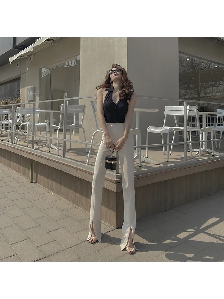 Le Palais Vintage 2021 Spring New Original Fashionable All-Match Slim Slit High Waist Pants for Women Elegant White Flared Pants