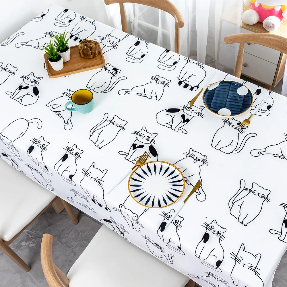 Cat themed waterproof white tablecloth3
