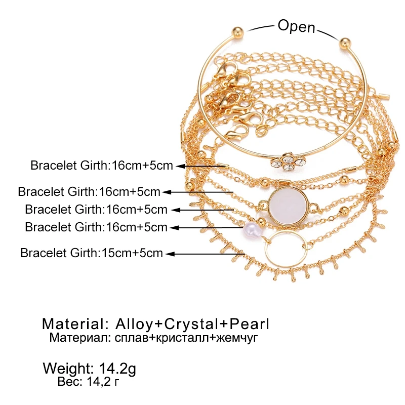 

IFKM 6Pcs/Set 2021 New Irregular Pearl Flower Bracelets for Women Punk Crystal Feather Leaves Bangles Fashion Party Jewelry