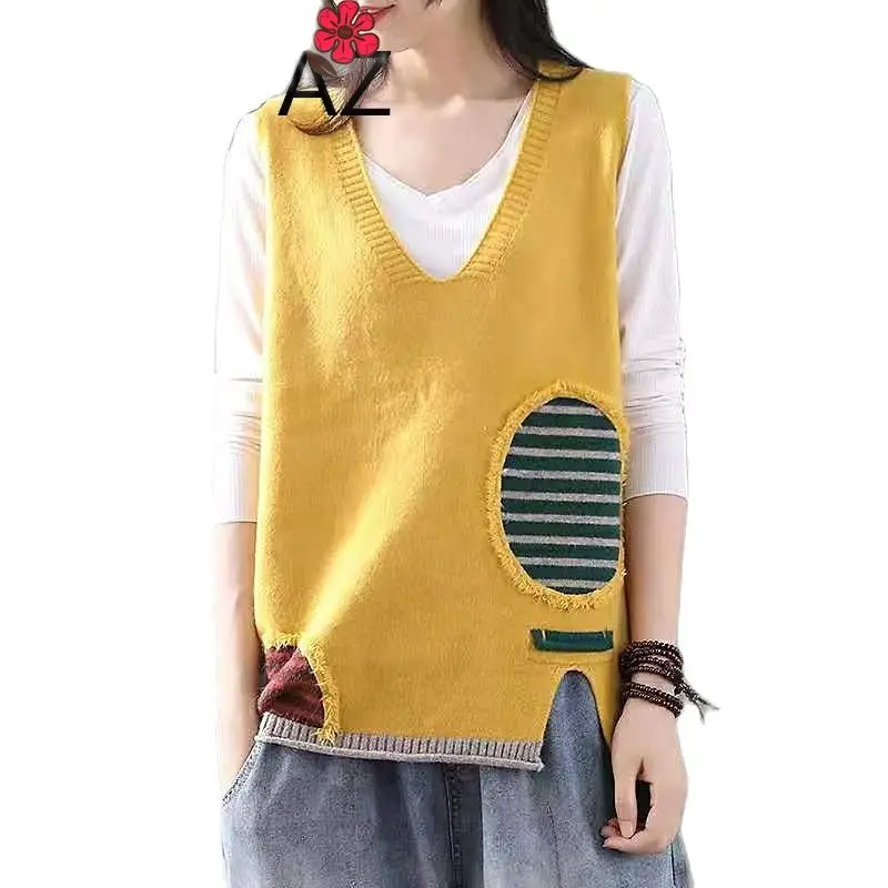 

Fashion Patch Designed Ladies Sleeveless V-Neck Knit Cotton Vest Soft & Warm Autumn Winter Vintage Striped Pullover Vest 2020