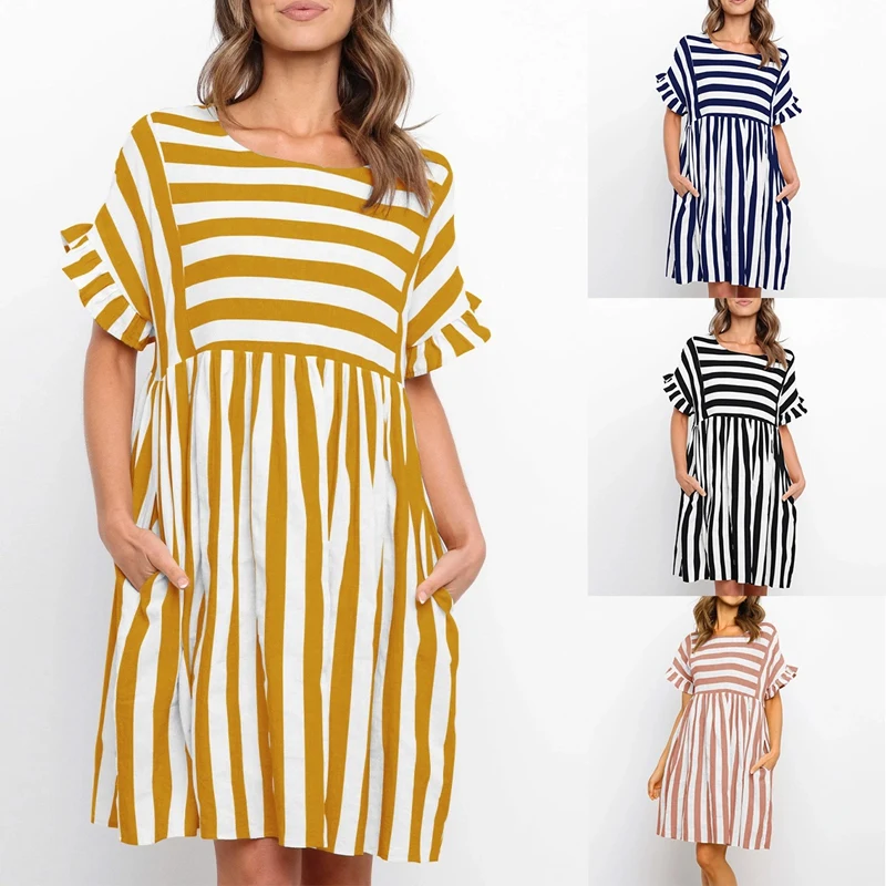

Hot kf-Women's Summer Striped Short-Sleeved T-Shirt Dress Casual Swing Skirt with Pockets