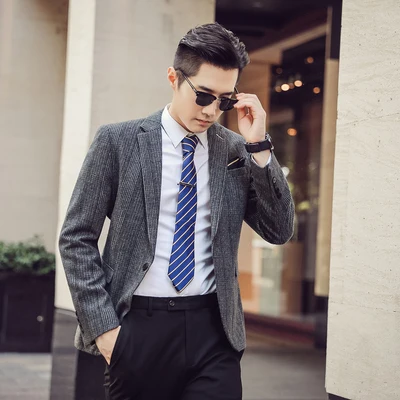 Мужской шерстяной костюм в клетку британском стиле приталенный Корейском