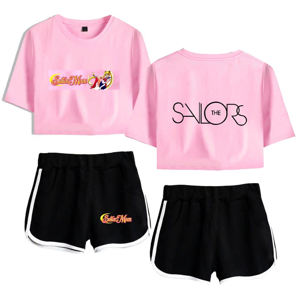 

Sexy cute Sailor Moon Popular navel white t-shirt + black shorts girls two-piece streetwear casual comfort girl suit