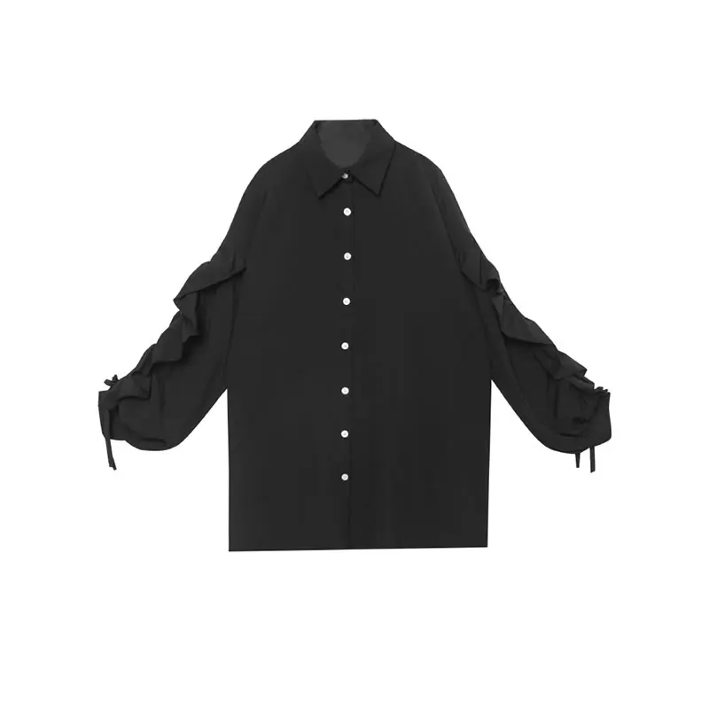 

XITAO Drawstring Blouse Fashion New White Black Full Sleeve Goddess Fan Casual Style 2021 Summer Ruffle Single Breast LDD1807