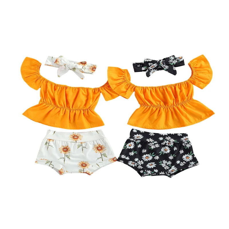 

Baby Girl Summer Outfits 3 Pcs ,Newborn Off Shoulder Solid Color Short Sleeve T-shirt + Flower Print Shorts + Bowknot Headband