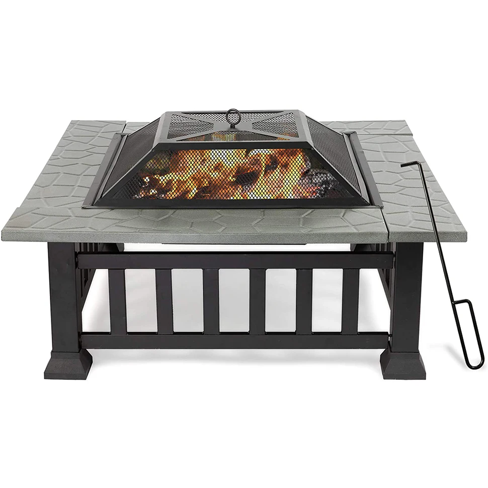 

New32” Outdoor Square Fire Pits, Patio 4 in 1 Fire Pits for Heating, Grilling and Cooling Drinks & Food, w/Spark Screen Cover