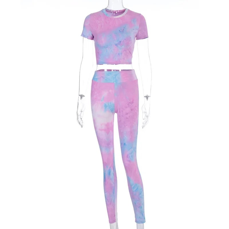 

HStar Sporty Active Wear Tie Dye Women Matching Set Short Sleeve Casual Fitness Workout Tracksuits Bodycon Top And Pants Suit