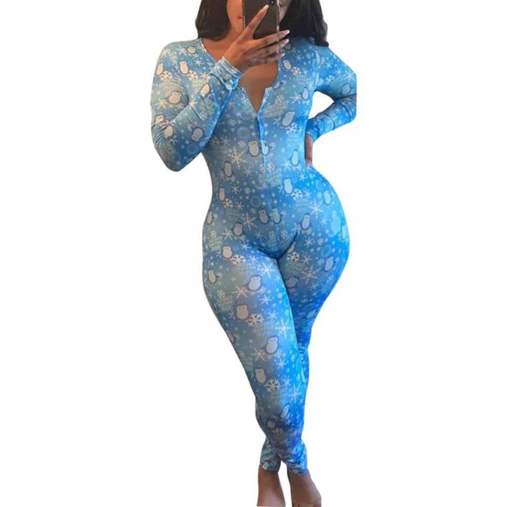 

Sexy Women Deep V-neck Sleepwear Jumpsuit Romper Leotard Long Sleeve Christmas Halloween Print Button Jumpsuits Long Pants 2020