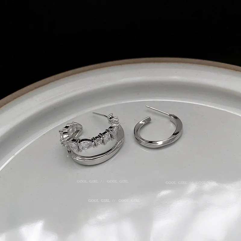 

925 silver needle asymmetric zircon C-shaped earrings retro personality simple earrings fashion net red cold wind earrings women