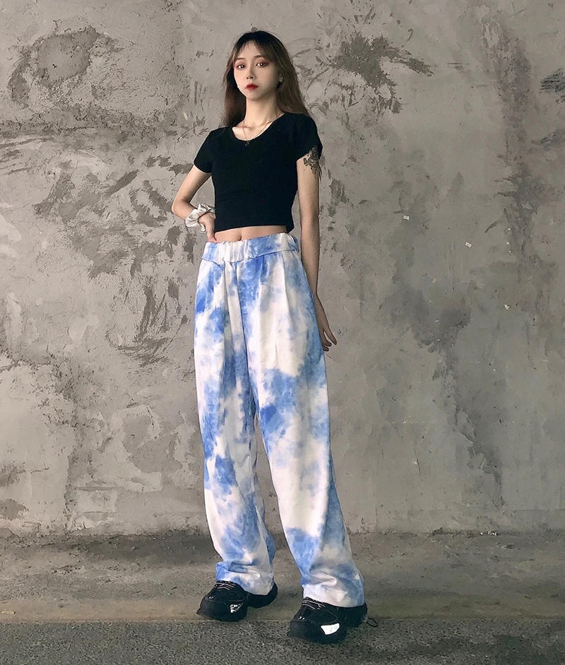

Autumn Tie Dye Blue Graffiti Print Harajuku BF Wide Leg Sweatpants For Women Men Straight Hip hop Jazz Dance Casual Pants New