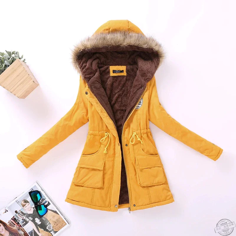 

Новая зимняя Женская куртка средней длины, утепленная верхняя одежда, пальто с капюшоном, приталенная парка, куртка с хлопковой подкладкой, ...