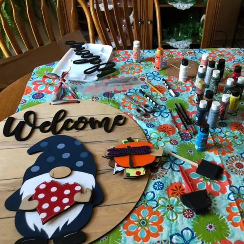 

Mother's Day Promotion Gnome Front Door Hanger Gnome Sign with 19 Interchangeable Pcs Handmade Wooden Welcome Dwarf Door Hangers