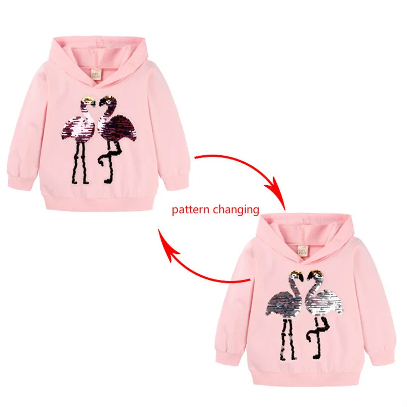 Детская толстовка с капюшоном длинным рукавом рисунком фламинго блестками