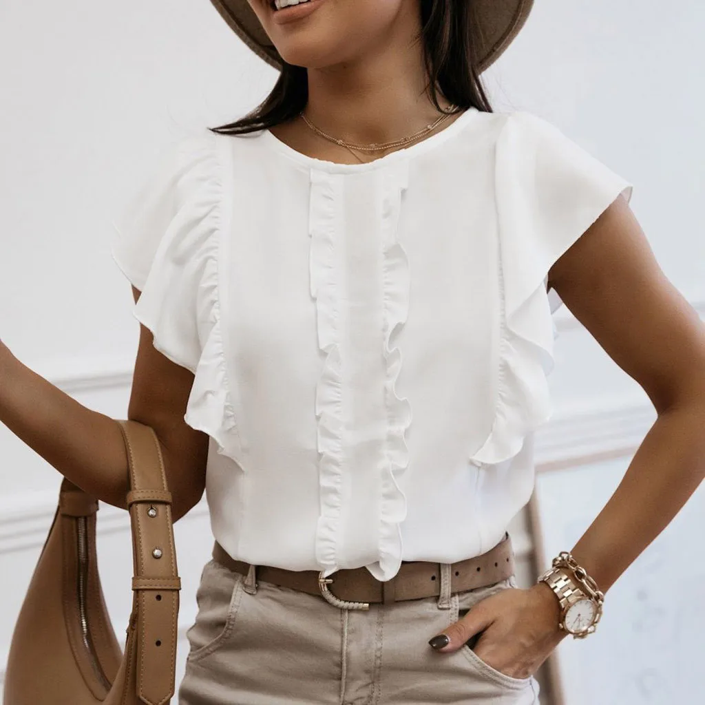 Женская блузка с рюшами # H25 летняя Однотонная рубашка круглым вырезом и рукавами