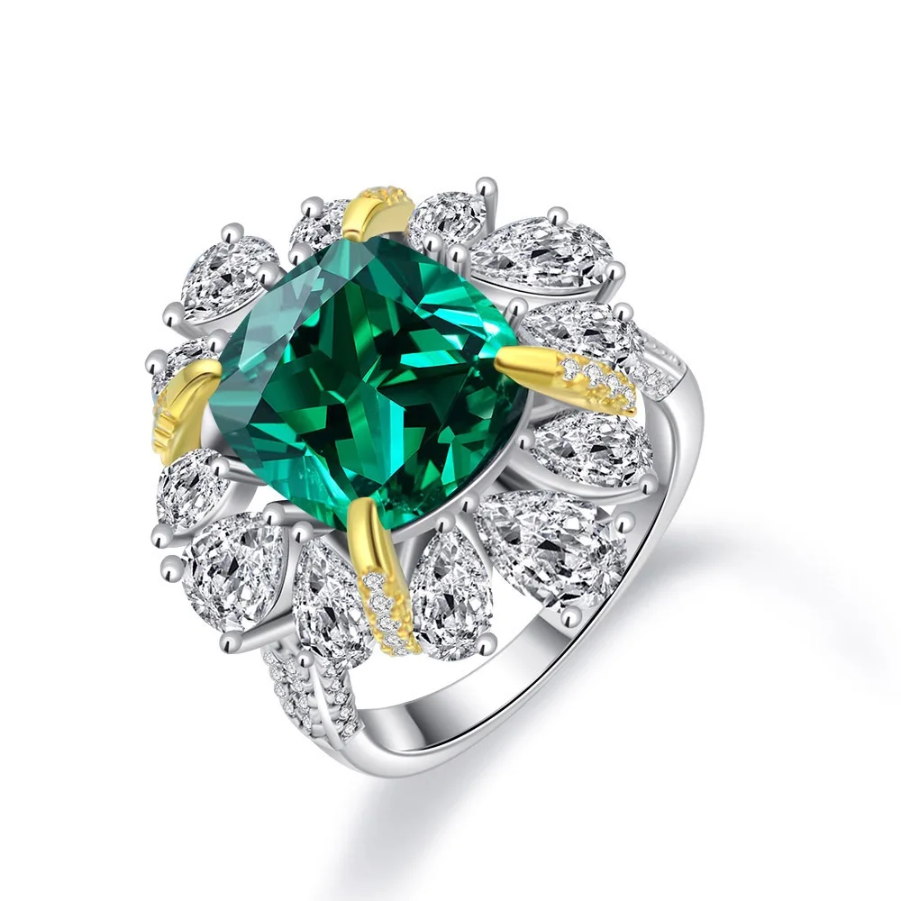 

Green Forest Series S925 Silver Simulation Green Tourmaline Luxury Gemstone Diamond Ring 8ct Retro Temperament Dinner Ring