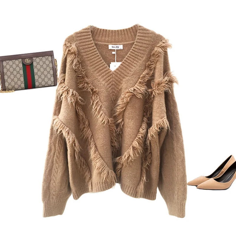 Autumn Winter Solid Knitted V--Neck Sweater Women Casual Loose TOP Female Long Sleeve Knit Tassel Sweaters | Женская одежда