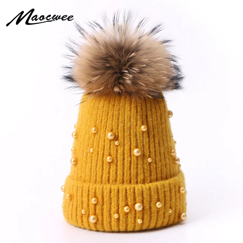 

Rabbit Hair Beanie Hat With Real Fur Pompon For Women Winter Pearl Knitted Warm Thick Hats Solid Color Fashion Female Bonnet Cap