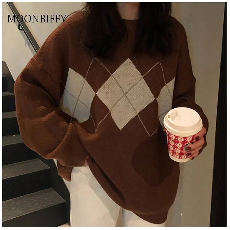 

Весенние пуловеры большого размера в Корейском стиле, топы, осенне-зимние свободные трикотажные свитера с геометрическим узором и круглым ...