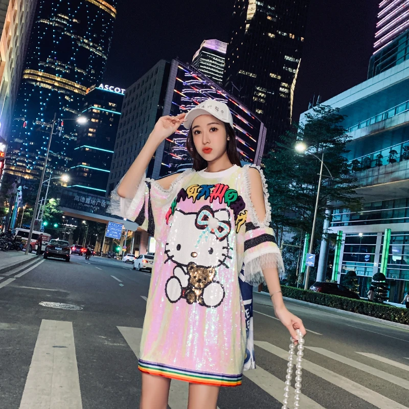 

Sweet Lady New Stylish Plus Size Long Sequined T Shirt Personalized Cartoon Animal Street Fashions Half Sleeve Tees for Women