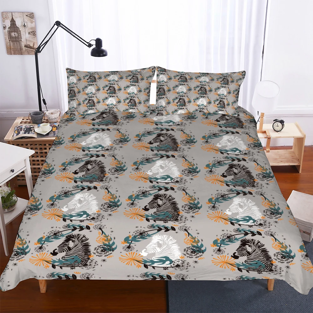 

Animals Bedding Set Horse Duvet Cover Blue Bedspread Wild Animals Quilt Cover with 2 Pillow Case 3-Piece