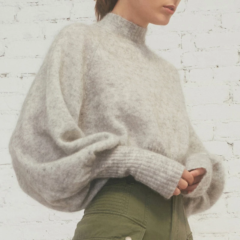 

Lantern Sleeve Retro Mohair Turtleneck Pullover Women's Autumn Winter Thicken Loose Sweater
