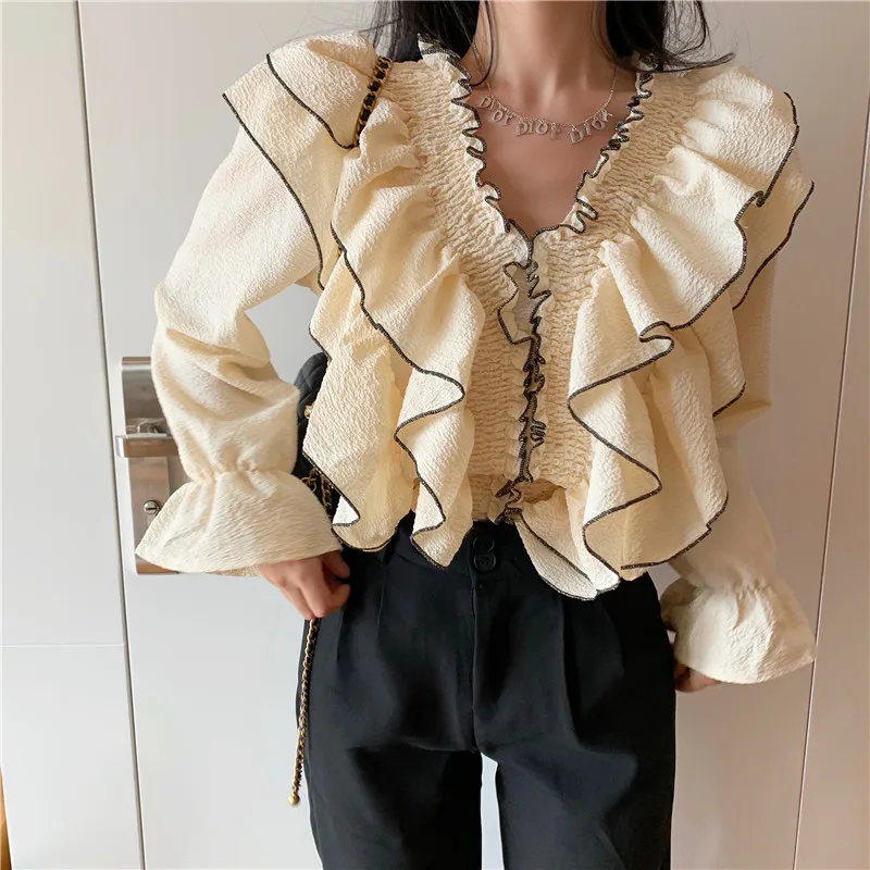

Ruffles Flare Sleeve Sweet Autumn Style Loose Shirts Blusas Mujer De Moda V-neck Korean Clothes Ladies Tops Fashion Brand New