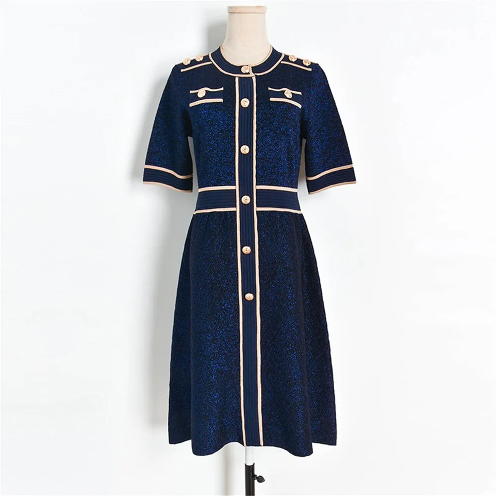 

Women Summer High Quality Short Sleeve Round Neck A-line Dress Shoulder Rivets Rhombus Pattern High Waist Knitted Pullover Dress