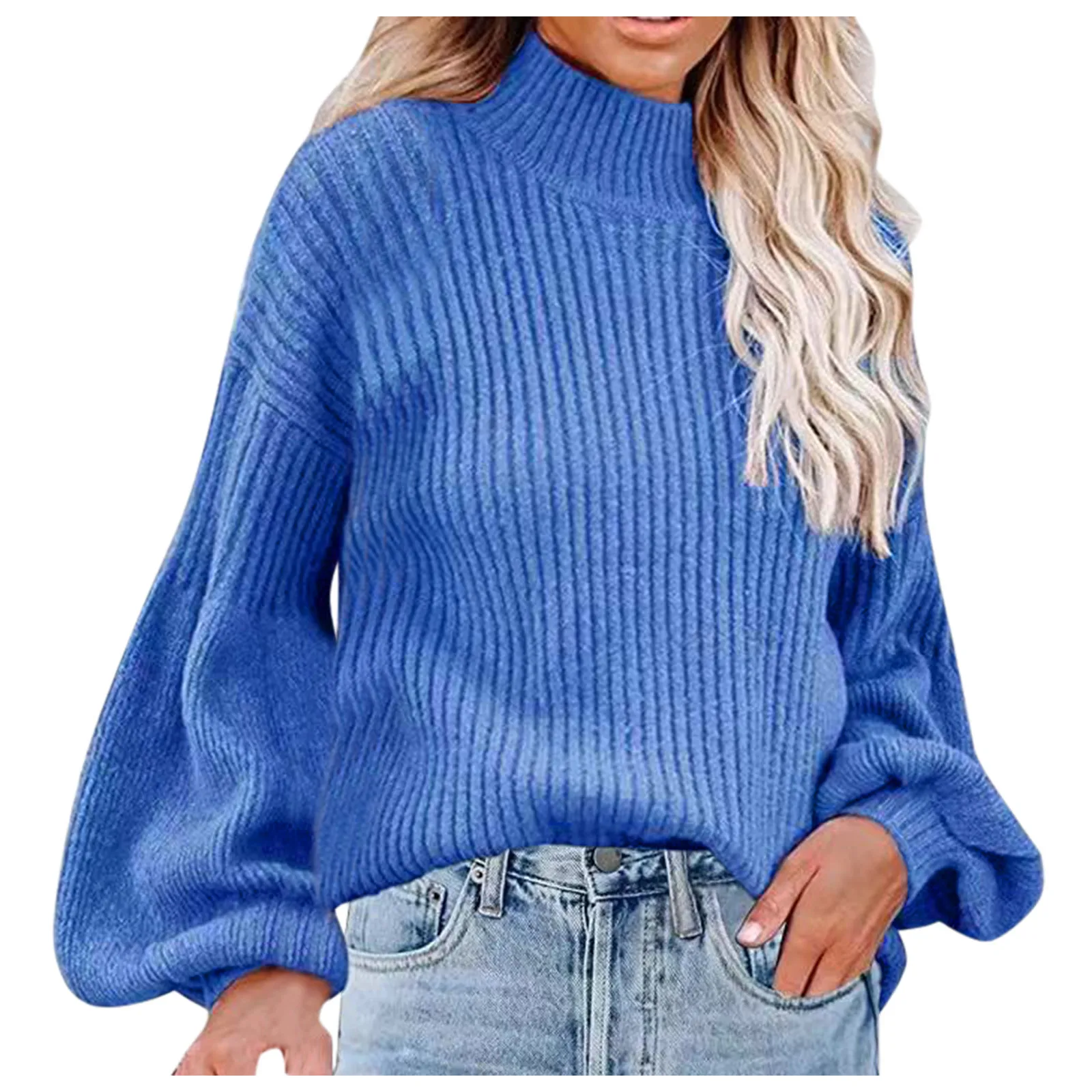 

Women'S Knitted Mid-High Neck Pullover Tops Women'S Solid Color Sweaters Oversized