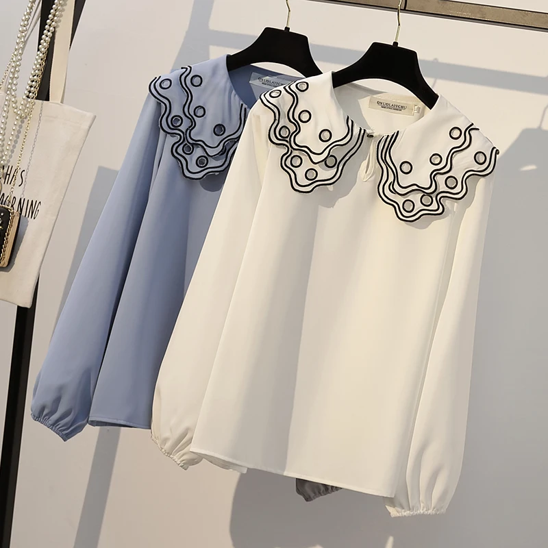 XL 5XL размера плюс рубашки с вышивкой Женские топы Осень 2019 модная шифоновая блуза