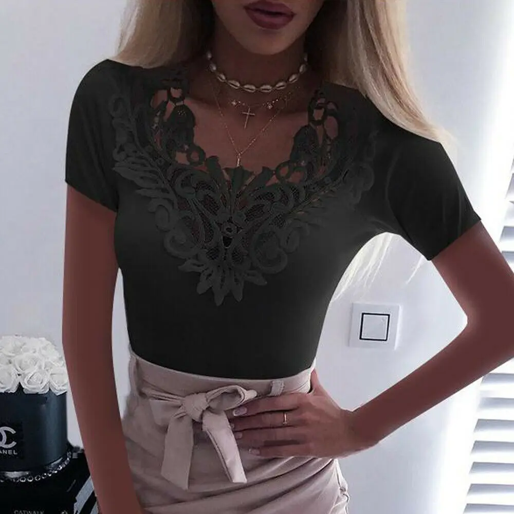 Женская Кружевная футболка с коротким рукавом V-образным вырезом | одежда