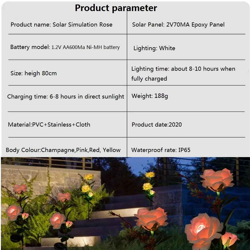 Solar Simulation Rose Garden Light LED Outdoor Decoration Lamp for Lawn/Villa/Park/Champagne/Pink/Red/Yellow White Lighting | Лампы и