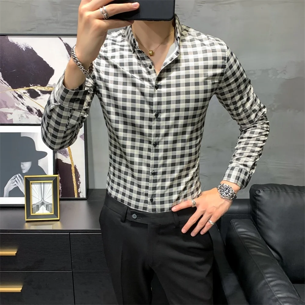 

Мужские рубашки в клетку Camisa Masculina 2020, осенняя Повседневная рубашка с длинным рукавом, облегающие вечерние рубашки, мужская одежда Chemise Homme