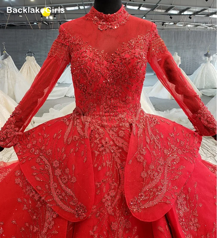 Red Special Dubai Puffy Party Dresses High Neck Long Tulle Sleeve Lace Up Back Wedding Can Make For Muslim | Свадьбы и торжества