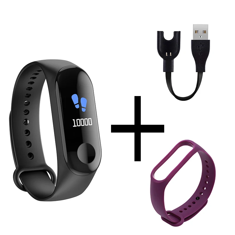 Black And Purple M3 мужской женский умный Браслет цветной экран Смарт-браслет IP67 Водонепроницаемый кровяное давление сердечный ритм фитнес умный Браслет - Цвет: Black And Purple