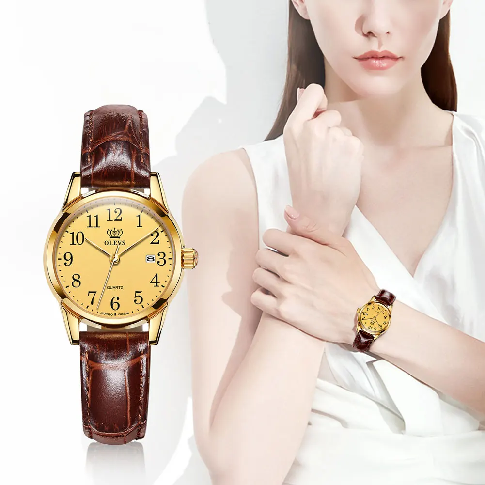 

OLEVS Women Watches with Brown Leather Band Fashion Casual Simple Easy Reader Quartz Gold Wristwatch Gifts for Ladies