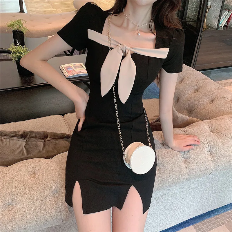 

Sexy tight bag hip bow slim square collar black dress 2020 summer new women's