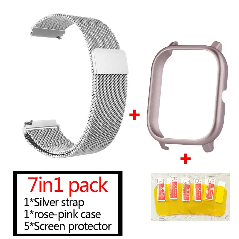 silver-rose pink 7в1 умные часы аксессуары для Huami Amazfit GTS ремешок из нержавеющей стали магнитный браслет для Amazfit gts чехол Защитная пленка - Цвет: silver-rose pink