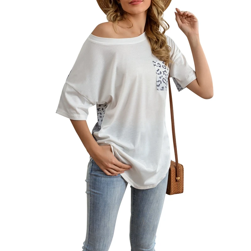 

Summer Women Casual T-Shirt Leopard Print Stitching Pocket Short Sleeve Loose Print Round Neck Tee Female Crop Top Ladies Shirt
